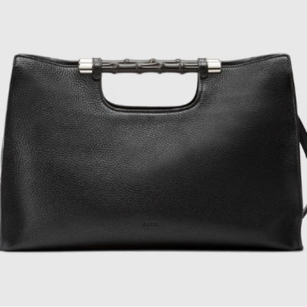 Authentic Gucci Pebble Leather Handbag with Bamboo Handles - Black